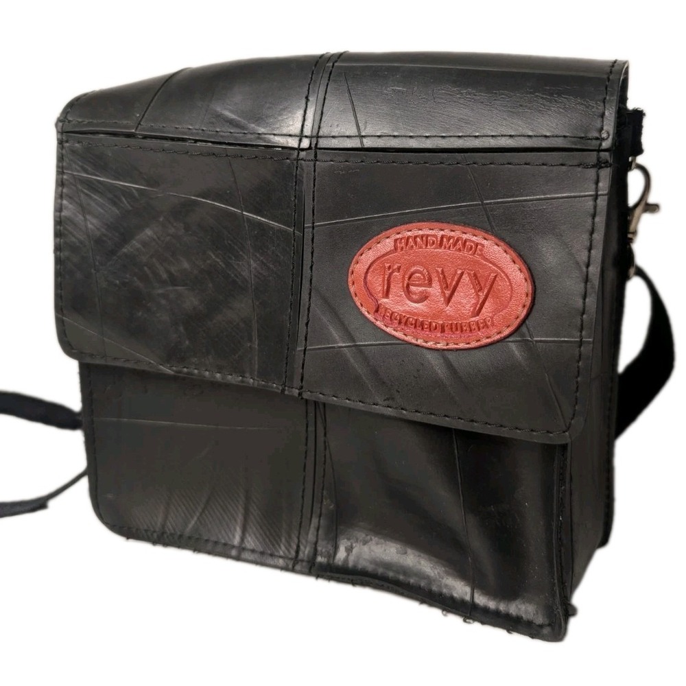 Revy Revved Up Classic Brand Upcycled Rubber Tire Handbag  Red Logo Patch Purse